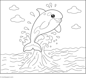 Printable illustration of a killer whale leaping out of the water, suitable for children's coloring activities.