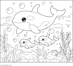  Family of killer whales coloring sheet, provided free of charge for children's coloring activities.