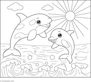 Printable coloring page of a killer whale and dolphin, designed for children's engagement.
