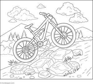 Mountain bike on a rocky trail, ready for colouring.