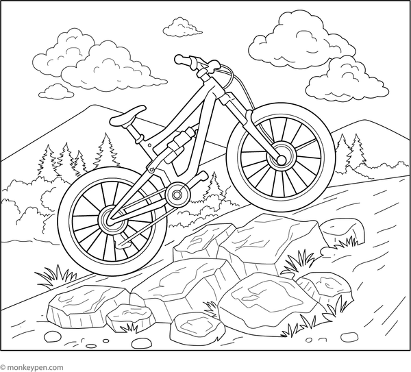 Mountain bike on a rocky trail, ready for colouring.