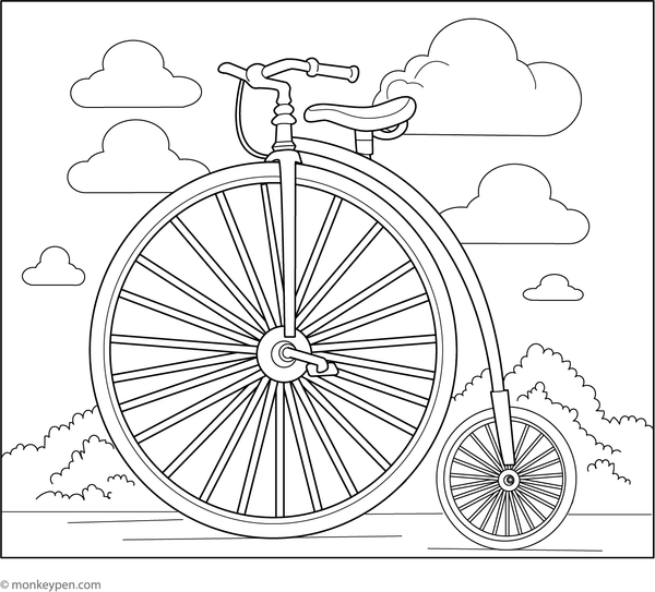  Vintage bicycle with a large front wheel, ready for colouring.
