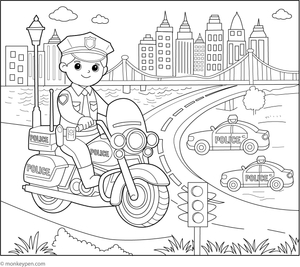 Police motorcycle on patrol, provided as a free printable coloring activity for children.  