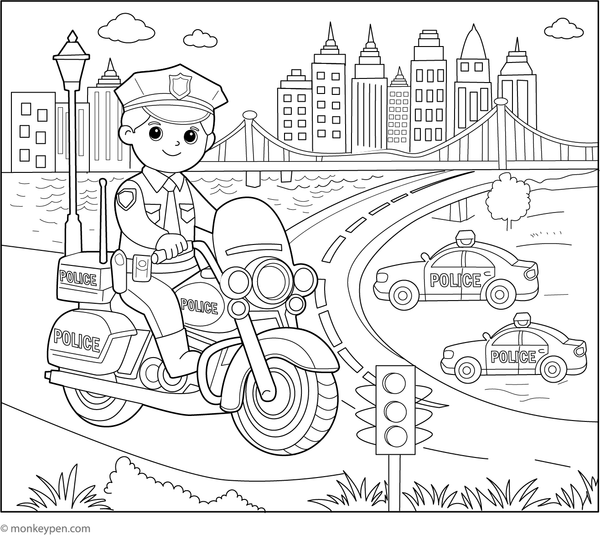 Police motorcycle on patrol, provided as a free printable coloring activity for children.  