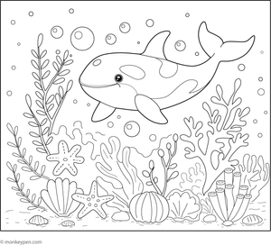 Coloring page depicting a killer whale within a coral reef environment, available as a free printable for children.