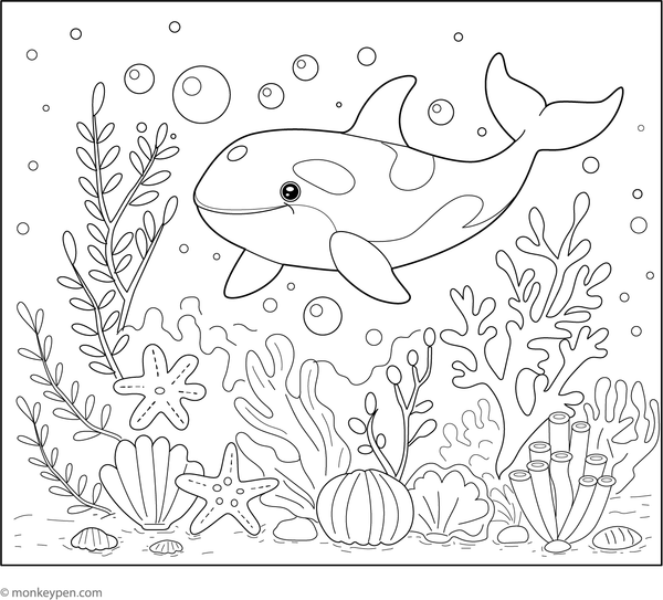  Coloring page depicting a killer whale within a coral reef environment, available as a free printable for children.