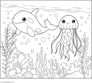 Printable illustration of a killer whale accompanied by a jellyfish, suitable for children's coloring activities.