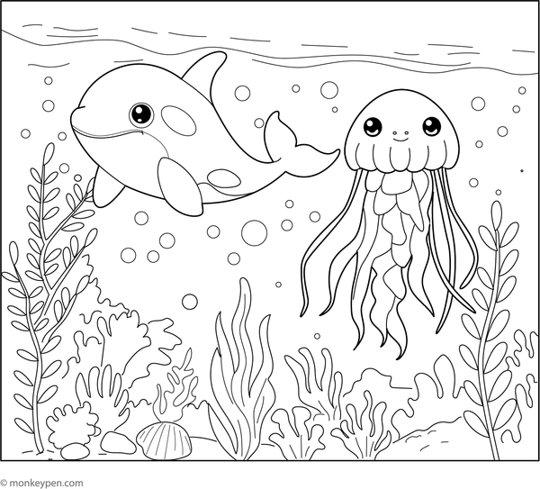 Printable illustration of a killer whale accompanied by a jellyfish, suitable for children's coloring activities.
