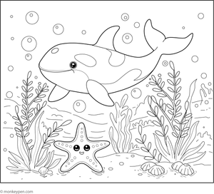 Coloring sheet featuring a killer whale and starfish, provided free of charge for children's coloring fun.