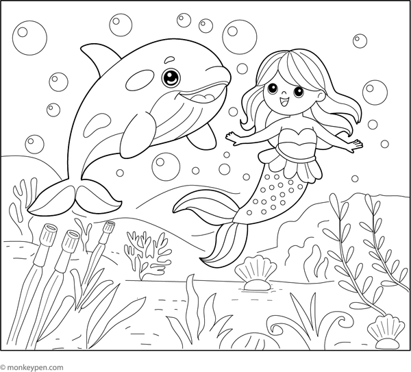 Coloring sheet of a killer whale and mermaid, available for free download for children's artistic projects.
