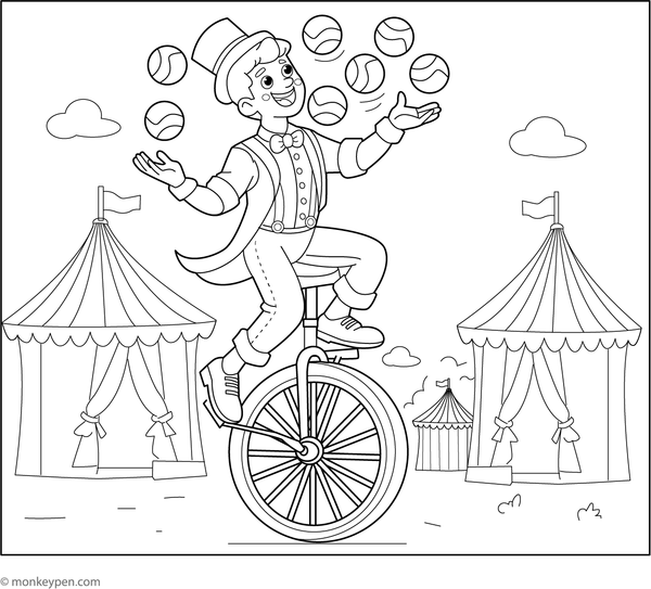 Performer juggling while riding a unicycle at a carnival, ready for colouring.