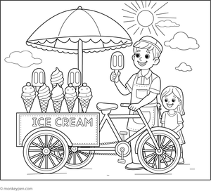  Bicycle with an ice cream cart on a sunny day, prepared for coloring.
