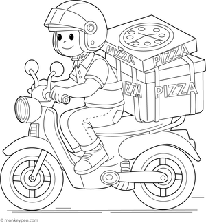 Delivery motorcycle with a pizza box, provided as a fun and printable activity for children. 