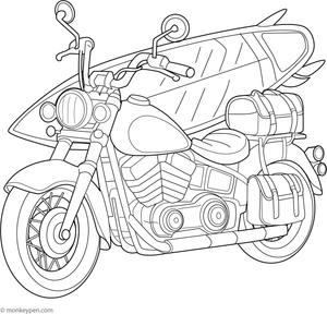  Motorcycle carrying a surfboard on the side, available as a free printable coloring activity.