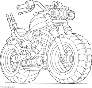  Humorous motorcycle with oversized wheels, designed as a fun printable coloring page.