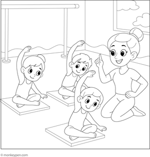 Children participating in a gymnastics class involving mats and equipment for coloring