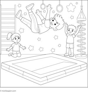 Young gymnast performing a backflip in a gym with mats and friends to color