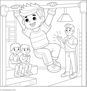 Gymnast practicing swings and routines on parallel bars in a gym environment ready for coloring