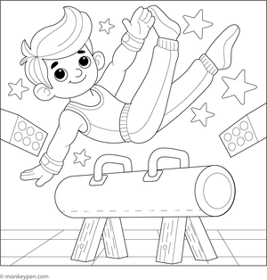 Gymnast performing on the pommel horse with skillful swings for children to color