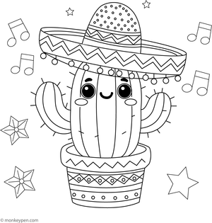 Cactus wearing a sombrero colouring page, fun and free printable for children.