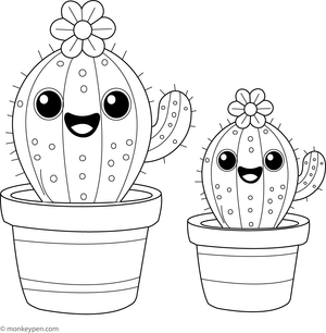 Smiling cactus in a pot colouring page, free printable activity for kids to colour.