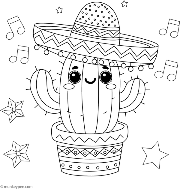 Cactus wearing a sombrero colouring page, fun and free printable for children.