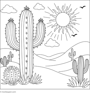Cactus in a desert sunset colouring page, printable colouring page for kids