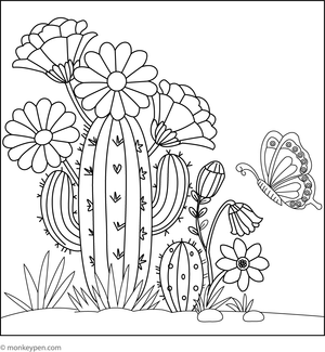 Cactus with blooming flowers colouring page, free printable activity for children.