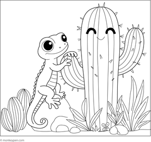 Cactus with a friendly lizard colouring page, fun printable for kids to colour