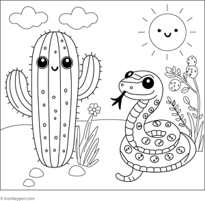Cactus with a rattlesnake colouring page, fun printable activity for kids