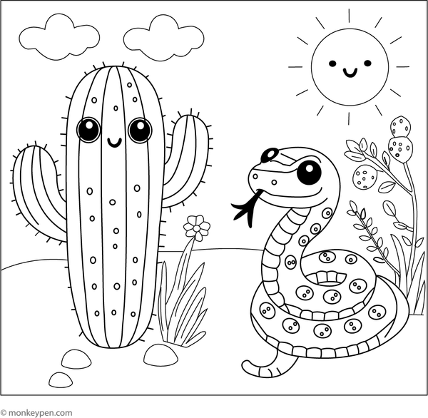 Cactus with a rattlesnake colouring page, fun printable activity for kids