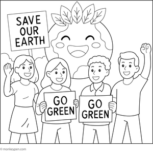 Participants marching in an Earth Day parade with nature-themed signs and decorations, ready to be coloured