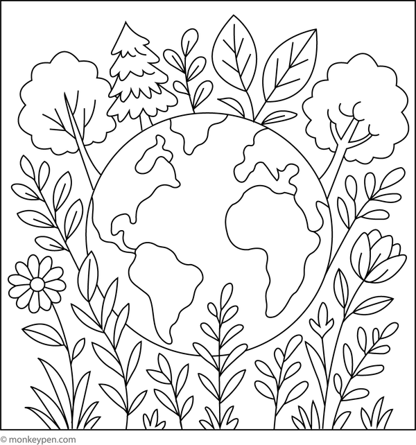 Earth surrounded by vibrant foliage, flowers, and trees, awaiting colouring