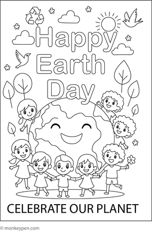 "Happy Earth Day" message with Earth surrounded by nature and wildlife, ready to be coloured.
