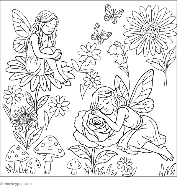 Fairy garden with flowers, mushrooms, and fairies flying around, ready for kids to colour