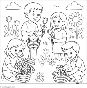 Children picking flowers in a colourful garden, perfect for kids to colour and enjoy.
