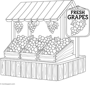 Free printable image of grapes in a market stand for children to color with