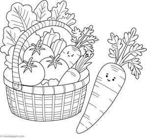  Children's coloring page featuring a single carrot within a vegetable basket, suitable for engaging children in coloring fresh vegetables and garden produce.