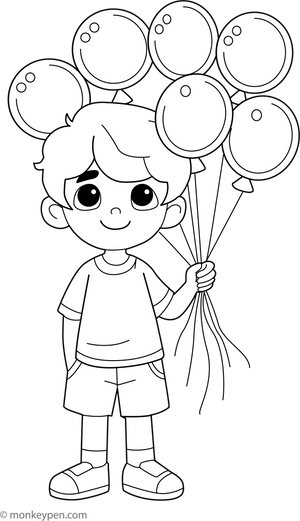 Boy Holding Balloons Coloring Page