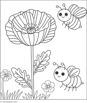 Poppy flower with a friendly bee colouring page, great for kids to colour flowers and garden insects.

