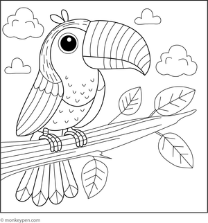  Coloring page of a toucan with a vibrant rainbow-colored beak perched on a branch, suitable for children's educational activities involving tropical birds.
