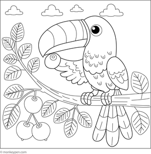  Children's coloring page depicting a toucan consuming a piece of fruit, ideal for activities focused on birds and natural scenes.