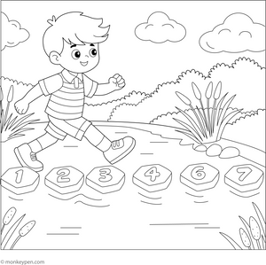 Boy on Stepping Stones Coloring Page