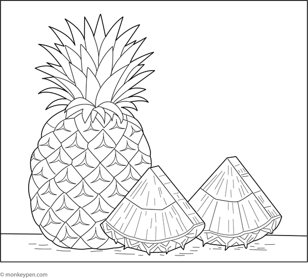  Pineapple slice colouring page, free printable activity for children.