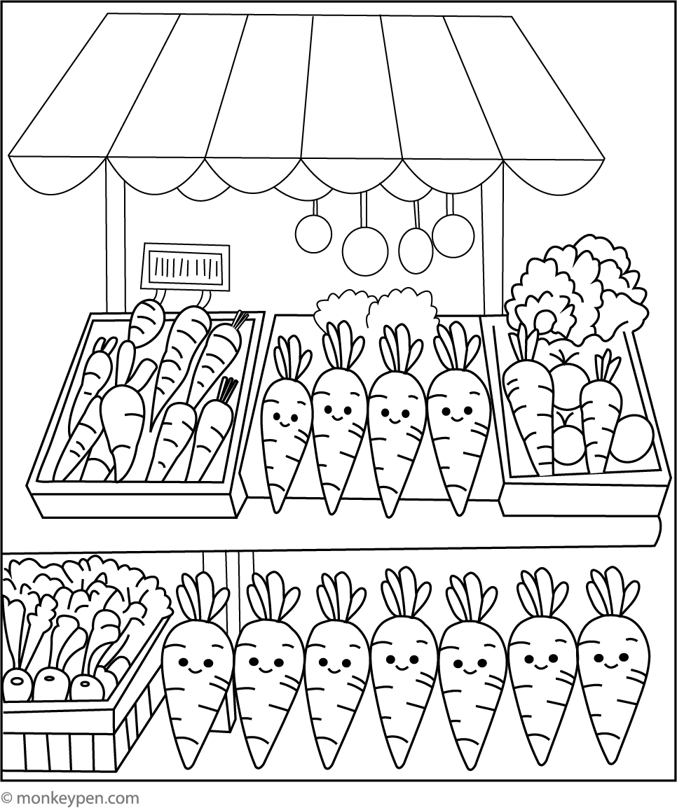 Carrot in a Grocery Market | Free Coloring Page