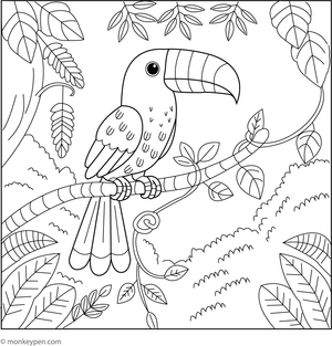  Coloring page illustrating a toucan among twisting jungle vines, suitable for exploring tropical scenery and avian life.
