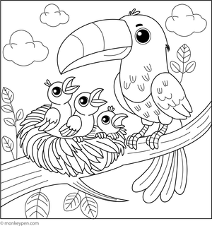  Children's coloring page illustrating a toucan caring for its chicks, appropriate for family and wildlife themes.

