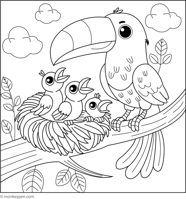  Children's coloring page illustrating a toucan caring for its chicks, appropriate for family and wildlife themes.
