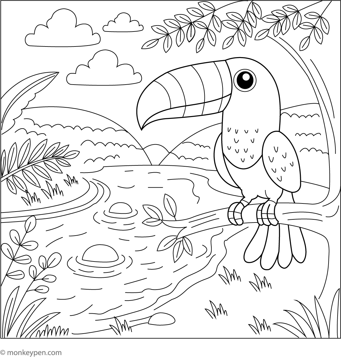 Toucan by a River | Free Coloring Page