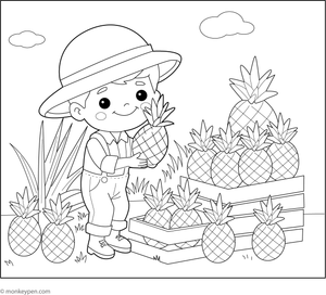  Farmer harvesting pineapple colouring page, free printable for children.